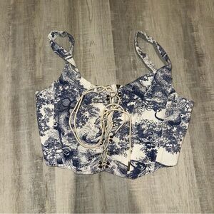 Blue and White Lace-Up Women's Top